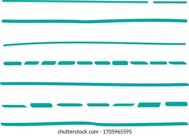 Turquoise lines hand drawn vector set isolated on white background. Collection of doodle lines, hand drawn template. Turquoise marker and grunge brush stroke lines, vector illustration