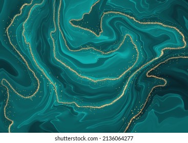 Turquoise liquid marble design background with glittery gold elements 