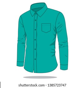 Turquoise Long Sleeve Dress Shirt With One Pocket Template On White Background, Vector File