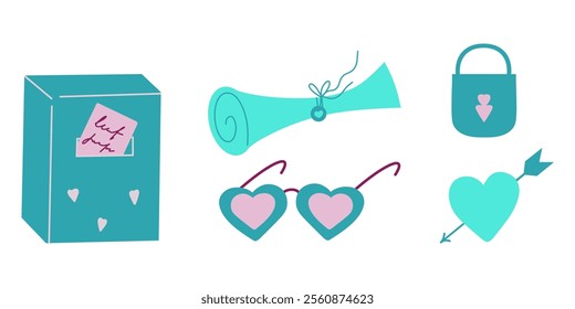 Turquoise love clipart, romantic set, glasses, mailbox, heart, lock, scroll vector illustrations