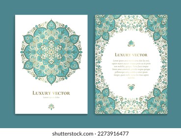 Turquoise luxury invitation card design with vector mandala ornament pattern. Vintage template. Can be used for background and wallpaper. Elegant and classic vector elements great for decoration.