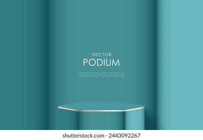 Turquoise luxury podium vector mockup with golden elements. Turquoise hexagonal podium for displaying products, exhibitions and advertising posters or banners. Background for cosmetics and perfumes