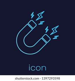 Turquoise Magnet with lightning line icon isolated on blue background. Horseshoe magnet, magnetism, magnetize, attraction sign. Vector Illustration