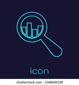 Turquoise Magnifying glass and data analysis line icon isolated on blue background. Vector Illustration