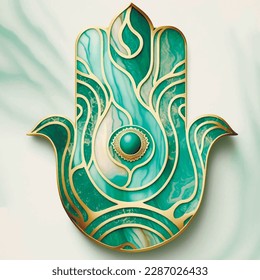 Turquoise malachite marble ornamental Hamsa hand pattern. Hand of Fatima - amulet, symbol of protection from devil eye. Marbled jewelry textured hamsa hand. Vector illustration. Luxury surface texture