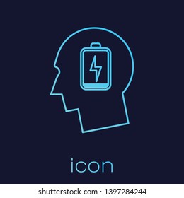 Turquoise Male head with low battery line icon isolated on blue background. Tired man. Vector Illustration