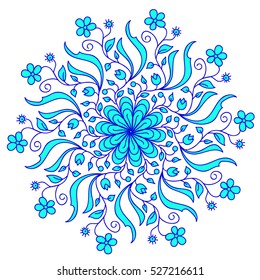 Turquoise mandala Decor for your design, lace ornament, round pattern with lots of details. Oriental style, floral pattern, isolated on white background. can be used for decoration of dishes, clothes