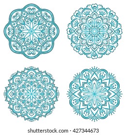 Turquoise Mandala. Set 4 pcs. Ethnic decorative elements. Hand drawn background. Islam, Arabic, Indian, ottoman motifs.