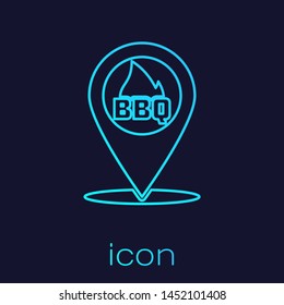 Turquoise Map pointer with barbecue line icon isolated on blue background. Fire flame icon. Barbecue and BBQ grill symbol. Vector Illustration