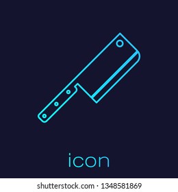 Turquoise Meat chopper line icon isolated on blue background. Kitchen knife for meat. Butcher knife. Vector Illustration