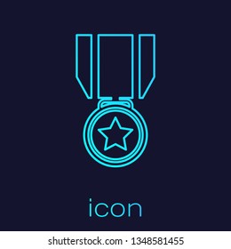 Turquoise Medal with star line icon isolated on blue background. Winner achievement sign. Award medal. Vector Illustration