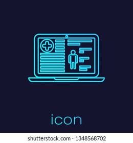 Turquoise Medical clinical record on laptop line icon isolated on blue background. Health insurance form. Document: prescription, medical check marks report. Vector Illustration