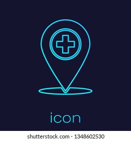 Turquoise Medical map pointer with cross hospital line icon isolated on blue background. Vector Illustration