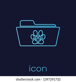 Turquoise Medical veterinary record folder line icon isolated on blue background. Dog or cat paw print. Document for pet. Patient file icon. Vector Illustration