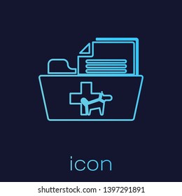 Turquoise Medical veterinary record folder line icon isolated on blue background. Dog or cat paw print. Document for pet. Patient file icon. Vector Illustration