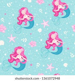 Turquoise mermaid pattern with shells and flowers. For kids t-shirts, fashion artwork, children books, prints and fabrics or wallpapers. Illustration drawing in modern style for clothes.