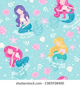 Turquoise mermaid pattern. Mermaid sisters set. For kids t-shirts, fashion artwork, children books, prints and fabrics or wallpapers. Girl print. Fashion illustration drawing for clothes.