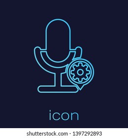 Turquoise Microphone and gear line icon isolated on blue background. Adjusting app, service concept, setting options, maintenance, repair, fixing. Vector Illustration