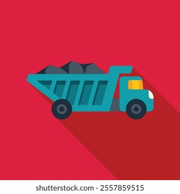 Turquoise mining dump truck transporting coal from the mine on red background