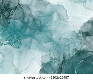 Turquoise mint with liquid marble, with golden lines and brush marks. Teal turquoise marble alcohol paint painting effect. Vector illustration background, watercolor wedding invitation.