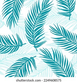 Turquoise mint palm leaf on white background vector seamless pattern. Exotic tropical pal leaves botanical illustration. Jungle foliage teal white repeating design.