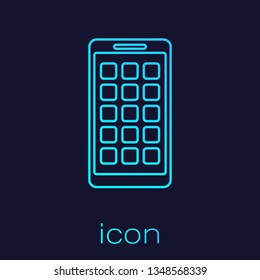 Turquoise Mobile Apps line icon isolated on blue background. Smartphone with screen icons, applications. mobile phone showing screen. Vector Illustration