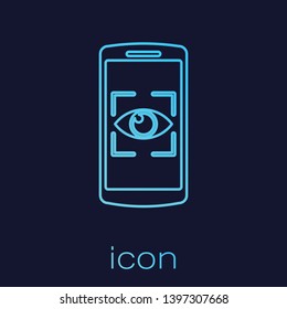 Turquoise Mobile phone and eye scan line icon isolated on blue background. Scanning eye. Security check symbol. Cyber eye sign. Vector Illustration