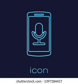 Turquoise Mobile recording line icon isolated on blue background. Mobile phone with microphone. Voice recorder app smartphone interface. Vector Illustration