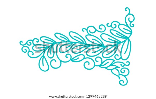 Turquoise monoline scandinavian folk flourish vector\
with leaves and flowers. Corners and dividers for Valentines Day,\
wedding, birthday greeting\
card