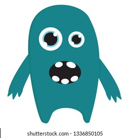 Turquoise monster with mouth wide open showing teeth vector illustration on white background.