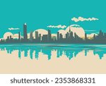 Turquoise Mood Modern Horizontal Panoramic Kuwait Skyline In Vintage Retro Poster Colors