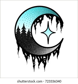 Turquoise Moon with forest, sky and star for a happy Halloween. Hand drawn vector Dotwork Illustration. Graphic sketch for tattoo, poster, t-shirt design, pins, badges, stickers and coloring book