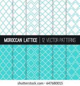 Turquoise Moroccan Lattice Vector Patterns. Set of 12 Modern Elegant Backgrounds. Classic Quatrefoil Trellis Ornament. Pattern Tile Swatches Included.