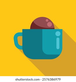 Turquoise mug with brown chocolate ball falling inside, simple flat vector illustration with long shadow on yellow background 