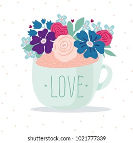 Turquoise mug with the inscription love, decorated with floral decor. Nice Flat illustration