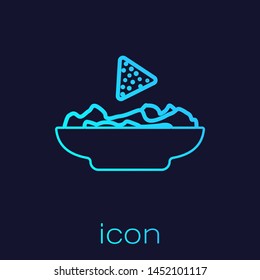 Turquoise Nachos in plate line icon isolated on blue background. Tortilla chips or nachos tortillas. Traditional mexican fast food. Vector Illustration
