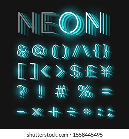 Turquoise neon character font set on black background with reflections, vector illustration