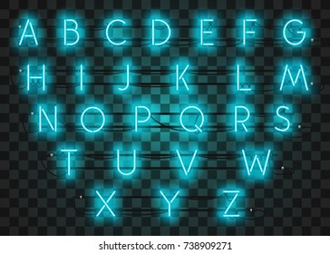 Turquoise neon character font set on purple background, vector illustration. Realistic neon character typeset.