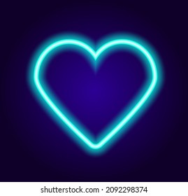 turquoise neon heart. abstract heart-shaped symbol glows blue in the dark, isolated outline on dark blue for shalon design