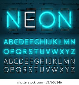 Turquoise neon light alphabet, vector glowing font with On and Off lamp isolated on Brick wall background.