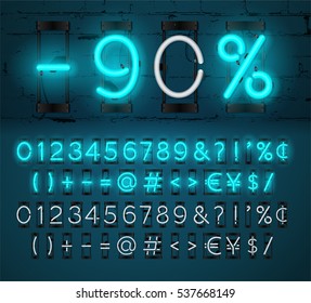 Turquoise Neon Light Numbers And Punctuation Marks, Vector Glowing Font With On & Off Lamp Isolated On Brick Wall Background.