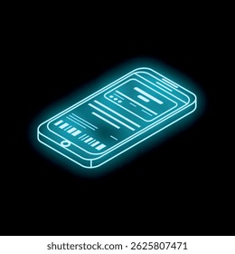 Turquoise neon smartphone showing mobile banking app with credit card and barcode
