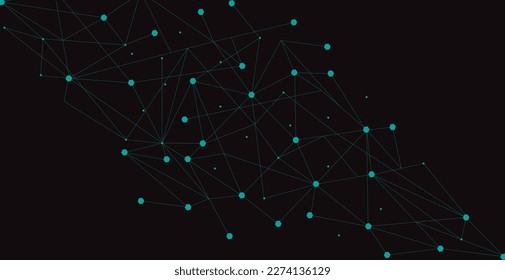 Turquoise network. Abstract connection on black background. Network technology background with dots and lines for desktop. Ai system background. Abstract concept. Line background, network technology