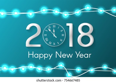 Turquoise New Year 2018 concept with realistic Christmas lights on sparkles background. Vector greeting card illustration with gold numbers and vintage clock