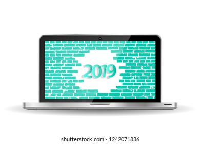 Turquoise New Year 2019 greeting card concept on opened notebook. Vector illustration