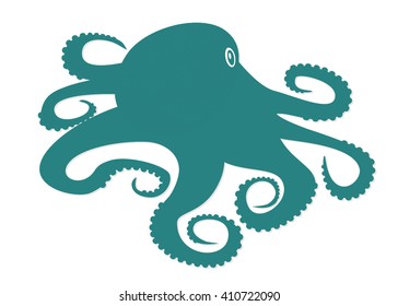 Turquoise octopus on white background. Seafood menu for meal or dinner. Healthy eating. Marine product. Design for restaurant menu, logo, promo poster, flyer or product packaging.Vector