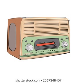 Turquoise old radio tuner. Vector illustration of vintage radio receiver, flat style. Hand draw retro radio on transparent background.