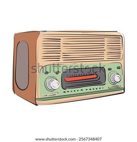 Turquoise old radio tuner. Vector illustration of vintage radio receiver, flat style. Hand draw retro radio on transparent background.