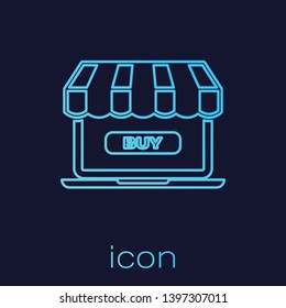 Turquoise Online shopping concept. Buy on screen laptop line icon isolated on blue background. Concept e-commerce, e-business, online business marketing. Vector Illustration