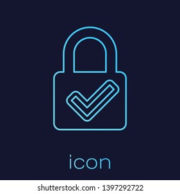 Turquoise Open padlock and check mark line icon isolated on blue background. Cyber security concept. Digital data protection. Safety safety. Vector Illustration